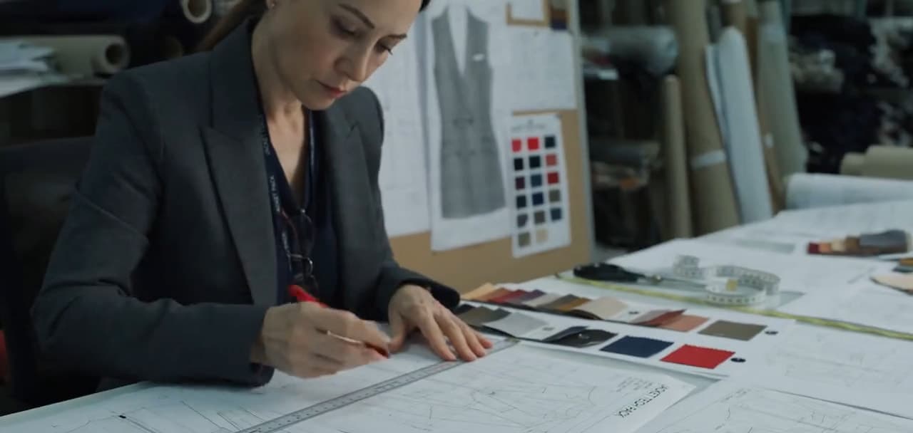 A designer drawing a garment tech pack beside fabric swatches