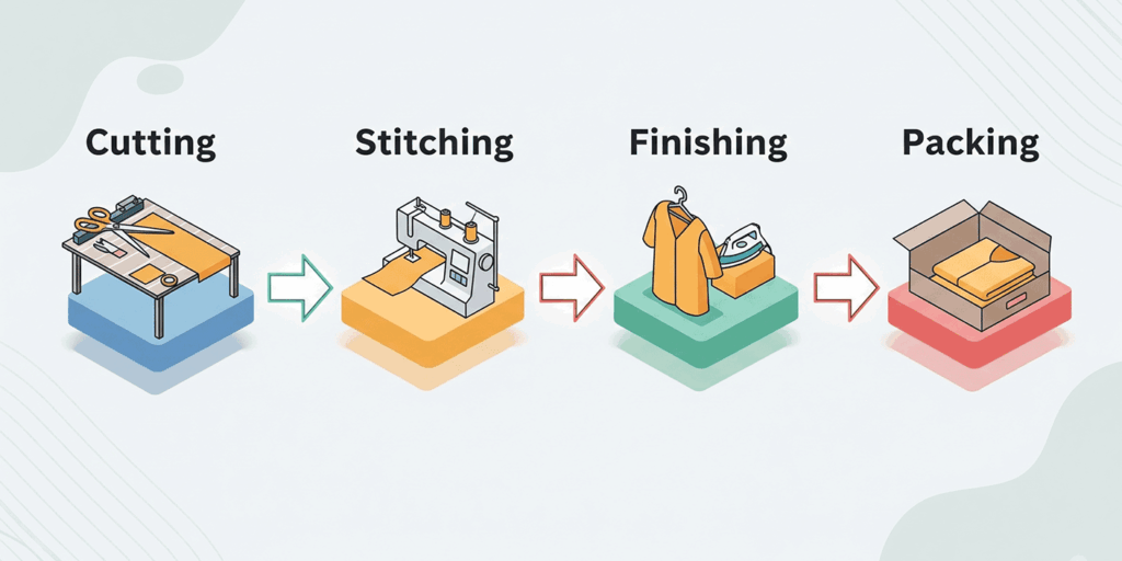 Isometric flowchart showing the garment production process from cutting fabric to finished product packing, including steps for cutting, stitching, finishing, and packing