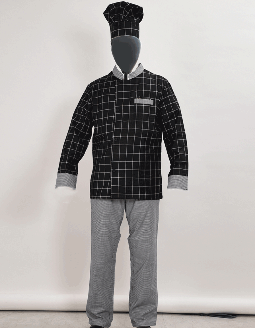 A complete chef's uniform, including jacket and trousers