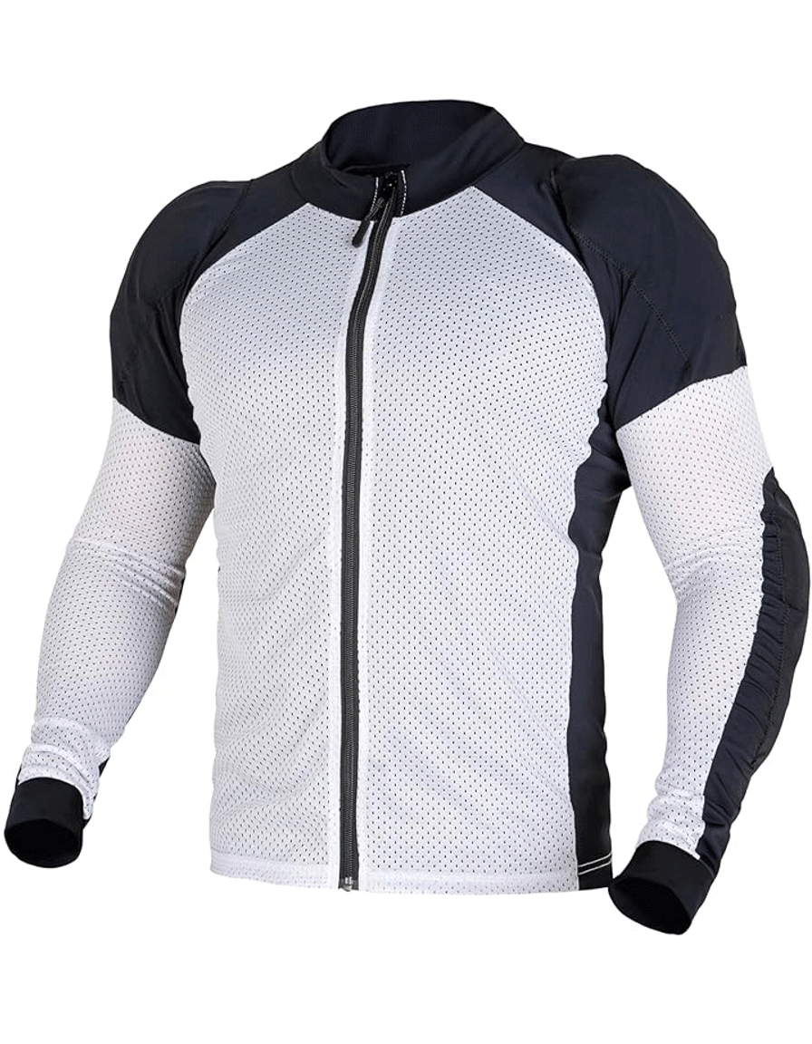White motorcycle armor mesh shirt for protection.